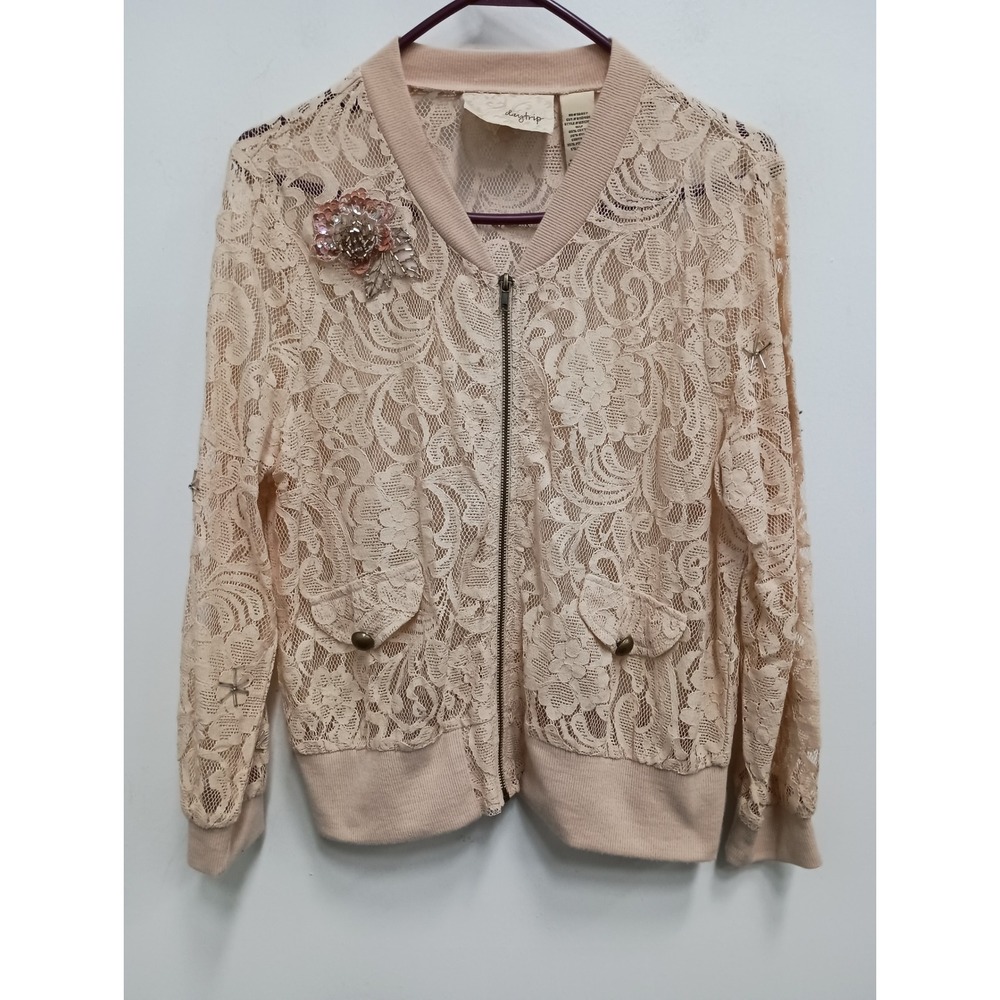 Y2K Daytrip Lace Bomber Jacket Womens XL Beige Sequin Floral Sheer‎ romantic
